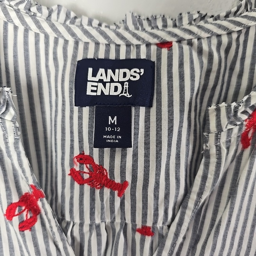 Lands' End Lobster Applique Popover Dress Medium Striped Red Grey Coastal - Picture 11 of 12